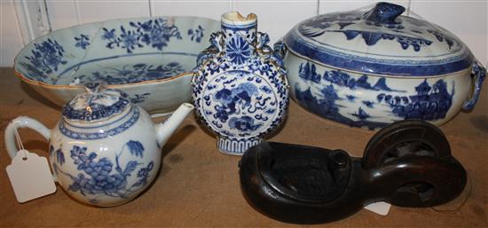 Blue & white Chinese tea pot pureen, bowl, moon flask etc